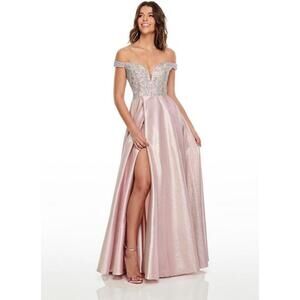 RACHEL ALLAN Blush Rhinestones BallGown Size 10 Off The Shoulder V-Neck 7146